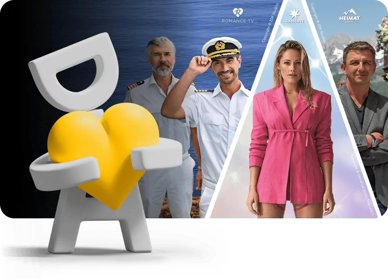 Banner mit Mr. Plus, einer 3D-Figur mit einem gelben Herz und vier Personen von Romance TV, GoldStar TV und Heimat Kanal.