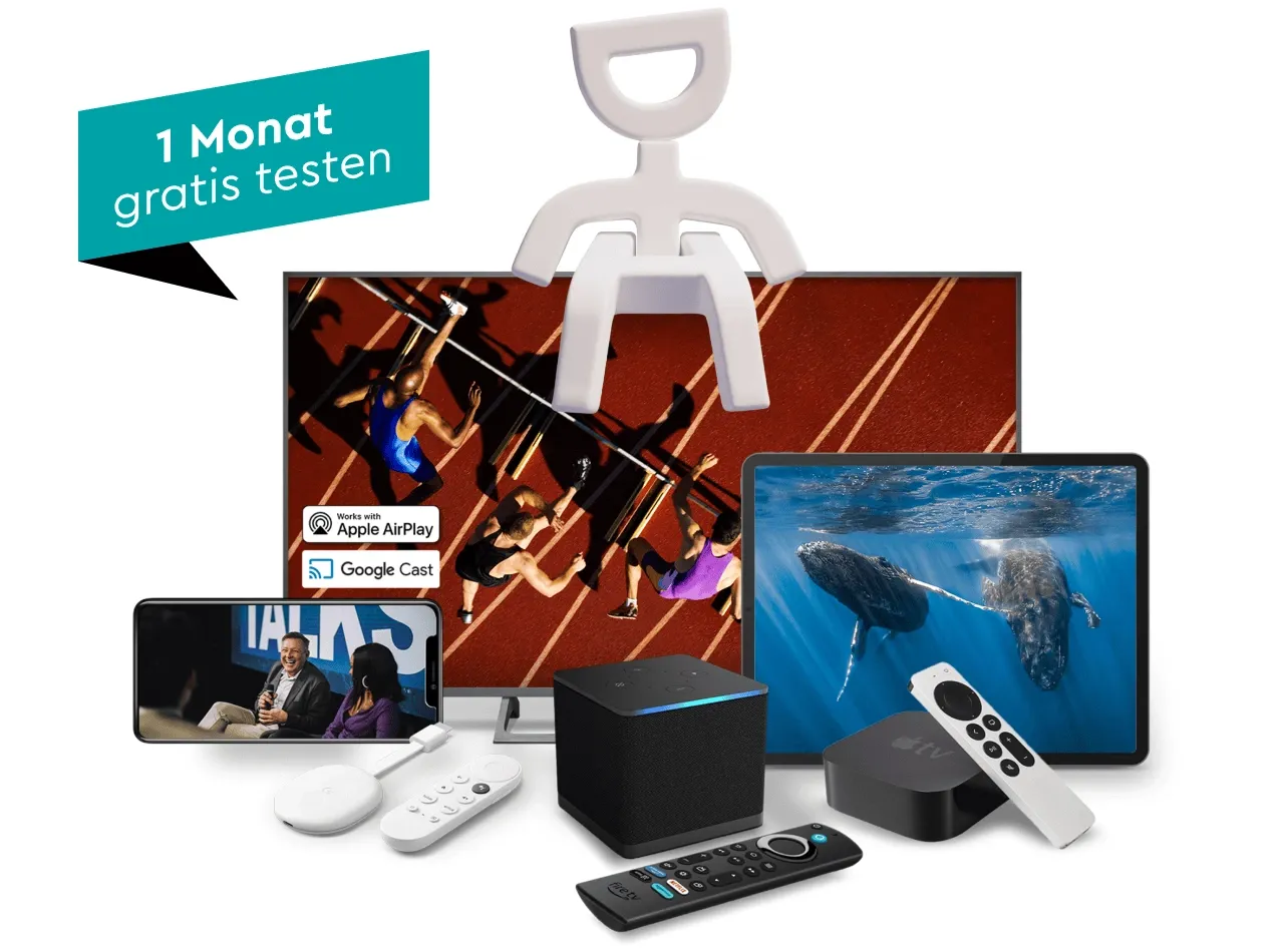 Verschiedene Medien-Streaming-Geräte und Fernbedienungen vor Bildschirmen, auf denen Sportler auf einer Laufbahn und Wale unter Wasser zu sehen sind. Der Text „1 Monat gratis testen“.