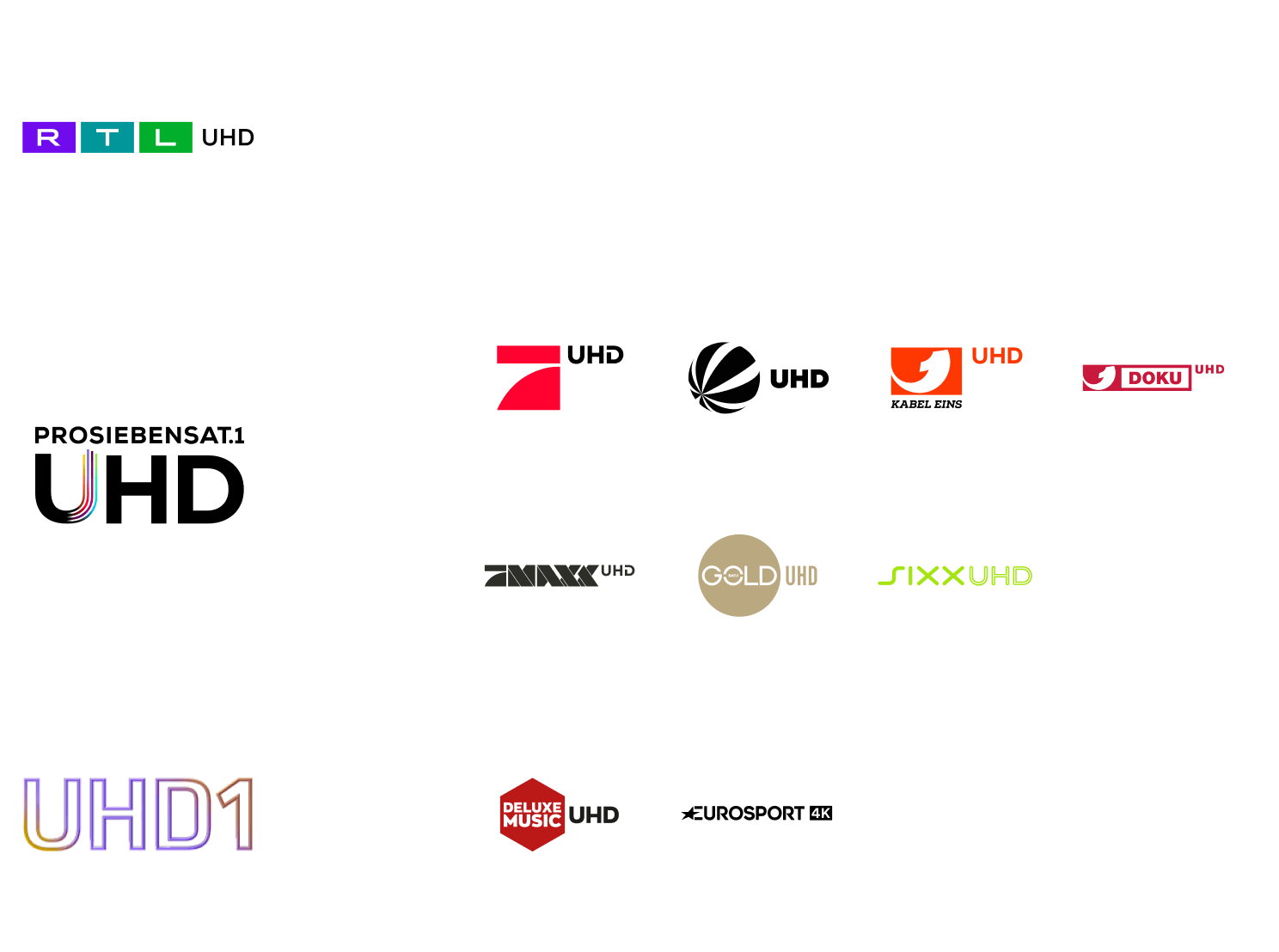 Logos verschiedener UHD-Sender, darunter RTL, Pro7, Sat.1 und UHD1, mit Pfeilen, die die Gruppierungen anzeigen.