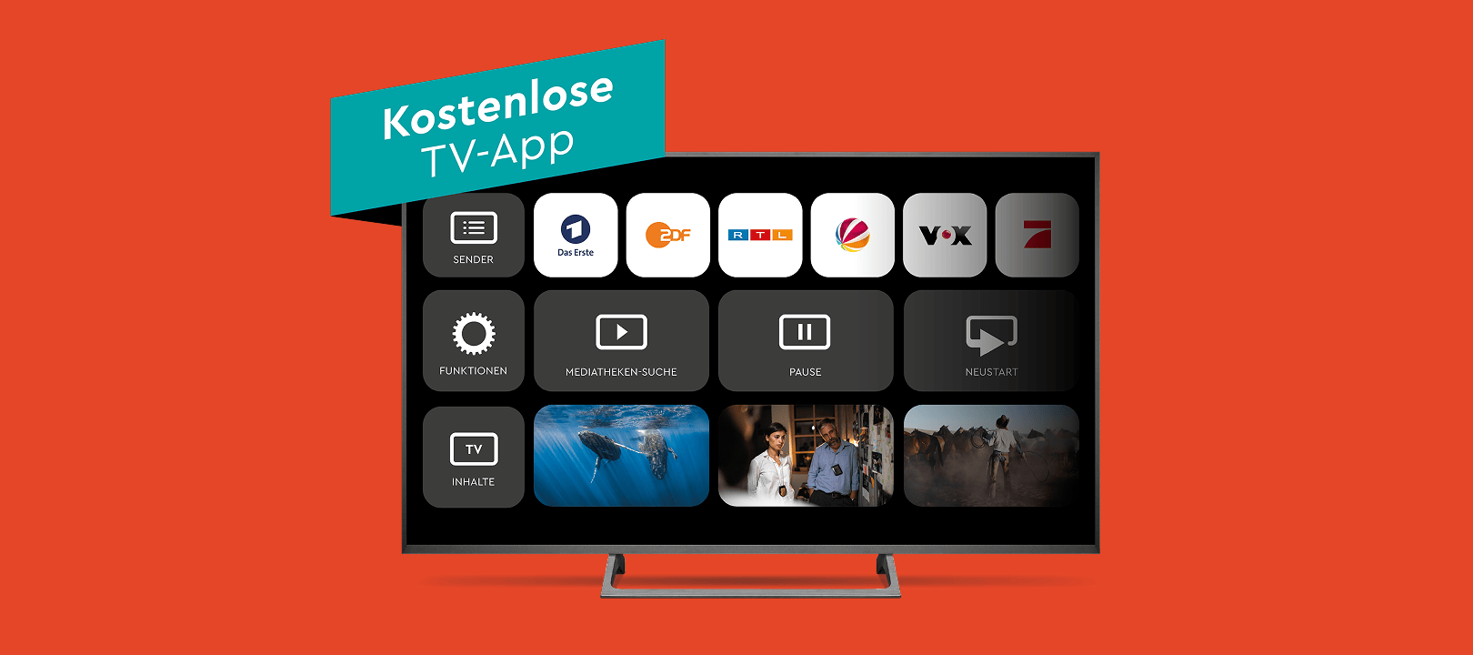 Fernseher, der App-Symbole auf rotem Hintergrund mit einem Banner mit der Aufschrift „Kostenlose TV-App” in der oberen linken Ecke anzeigt.