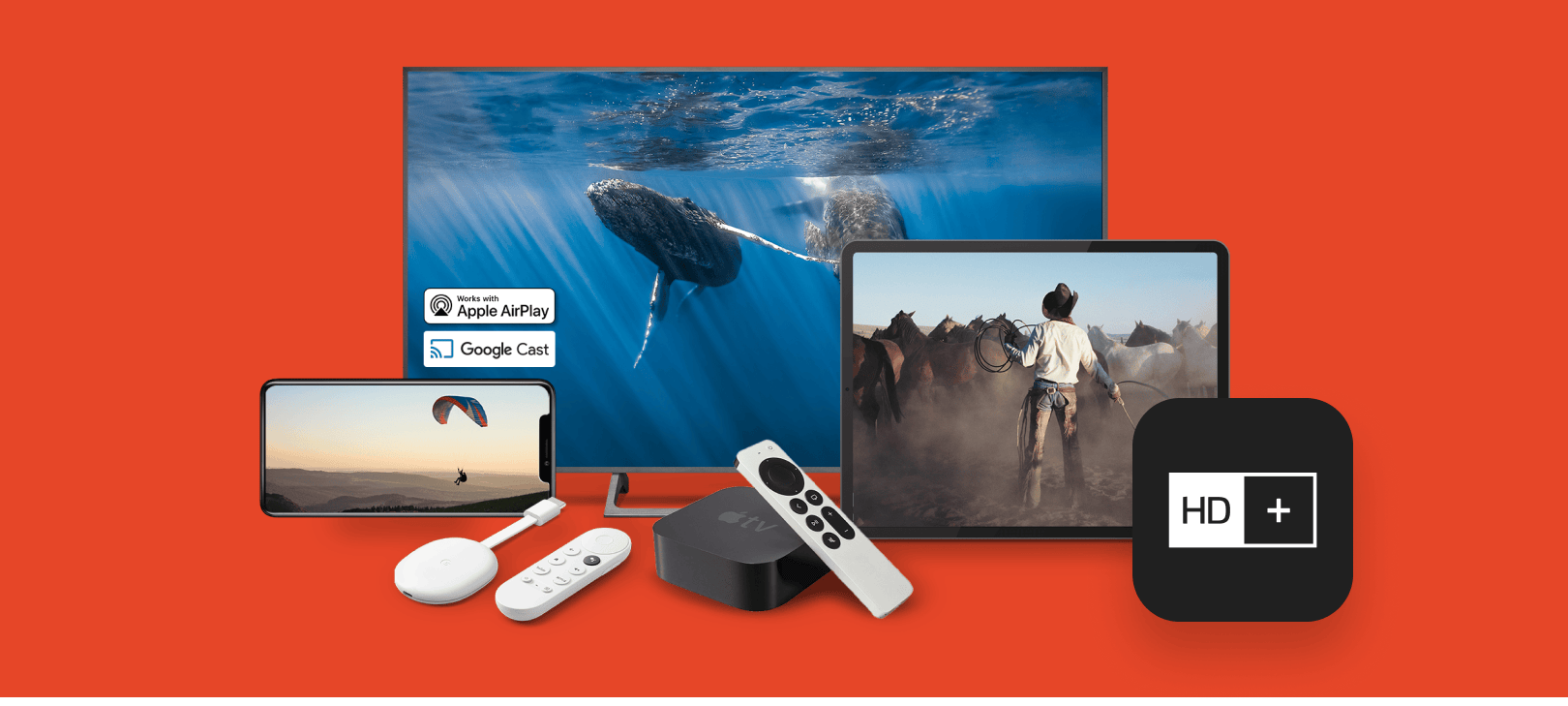 Verschiedene Streaming-Geräte und Bildschirme, die unterschiedliche Inhalte anzeigen, darunter ein Fernseher, ein Tablet und ein Smartphone, vor einem roten Hintergrund.