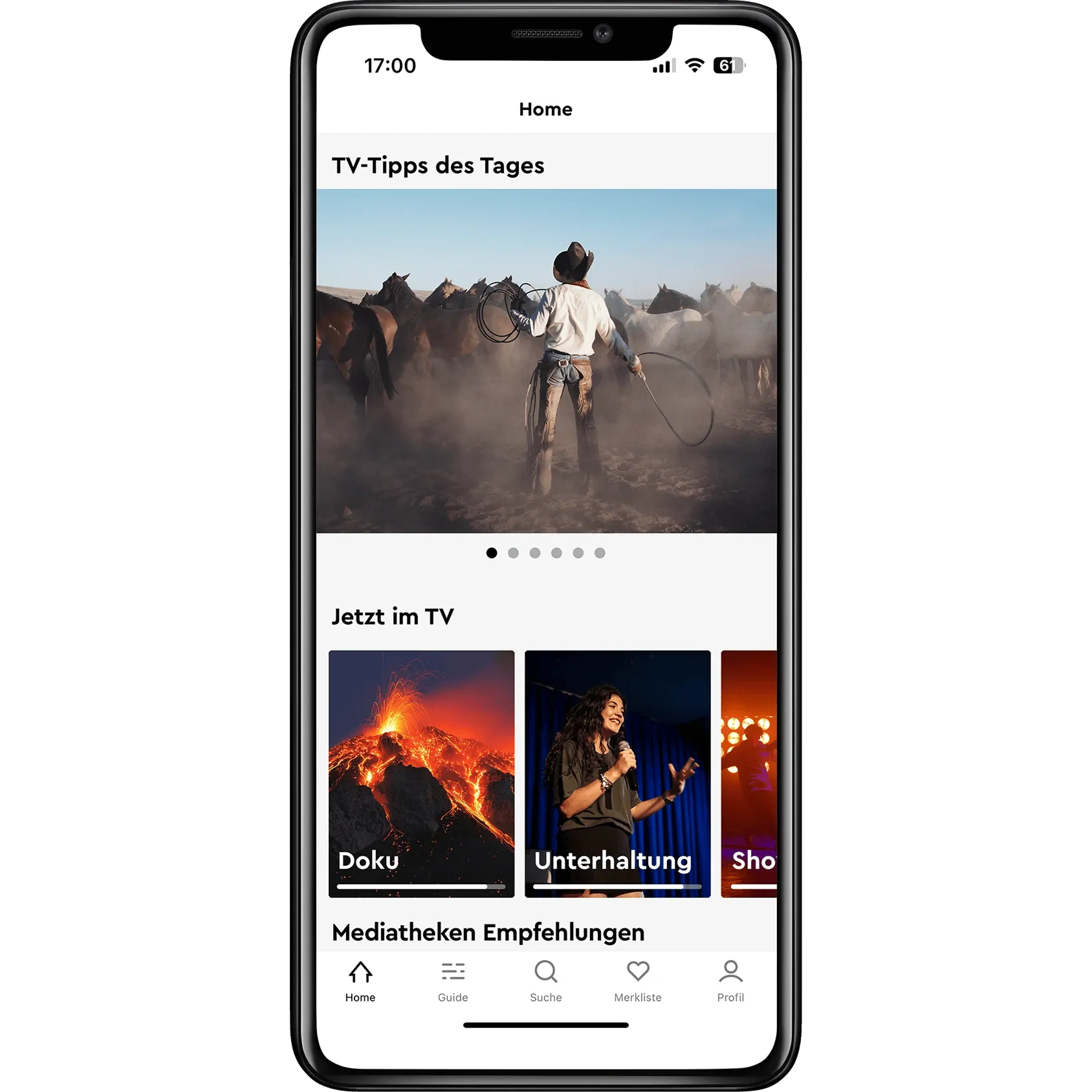 Smartphone zeigt eine TV-Guide-App mit Bereichen für tägliche Tipps, aktuelle Sendungen und Kategorien wie Dokumentationen und Unterhaltung.