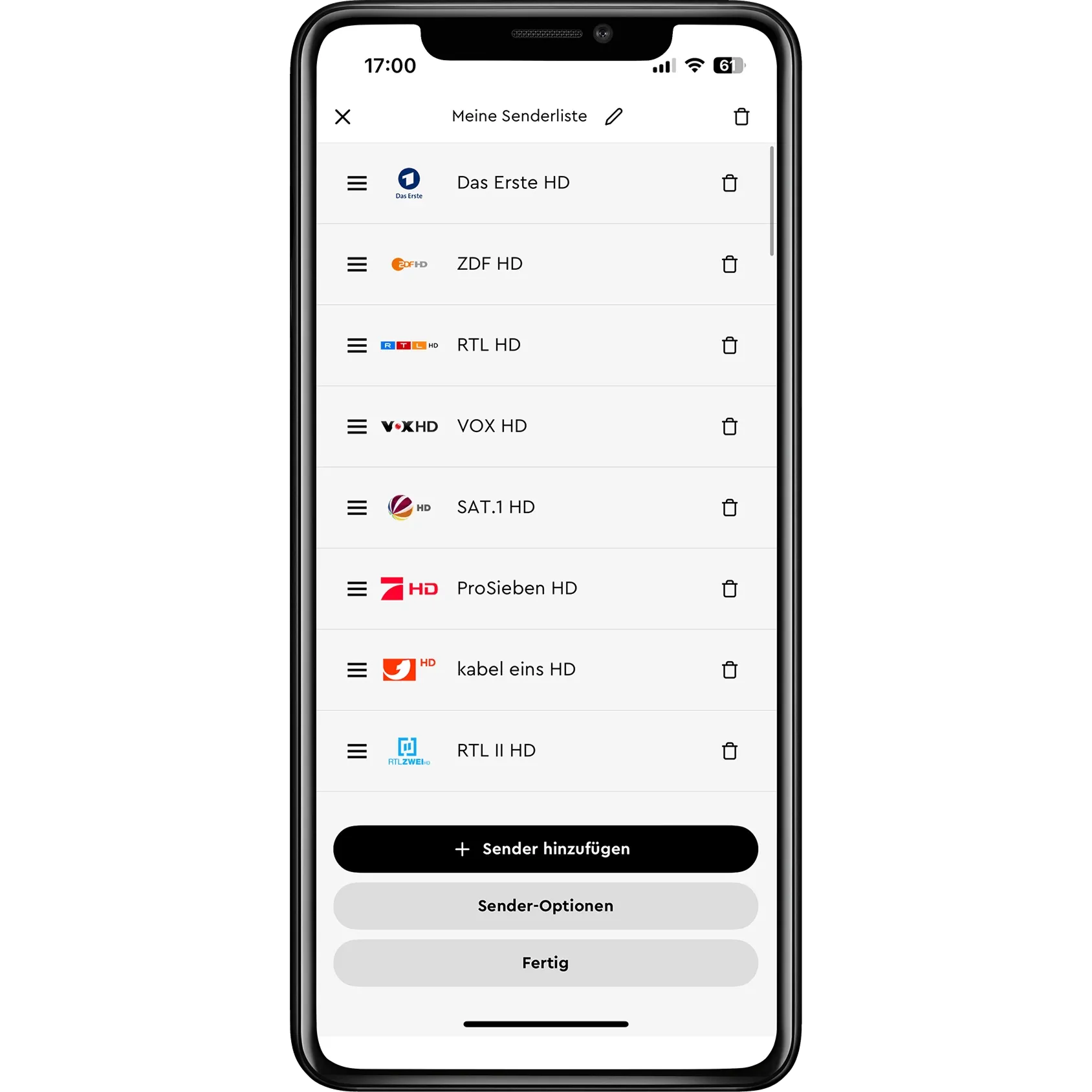 Smartphone-Bildschirm zeigt eine Liste deutscher TV-Sender, darunter Das Erste HD, ZDF HD und RTL HD, mit Optionen zum Hinzufügen oder Bearbeiten von Sendern.