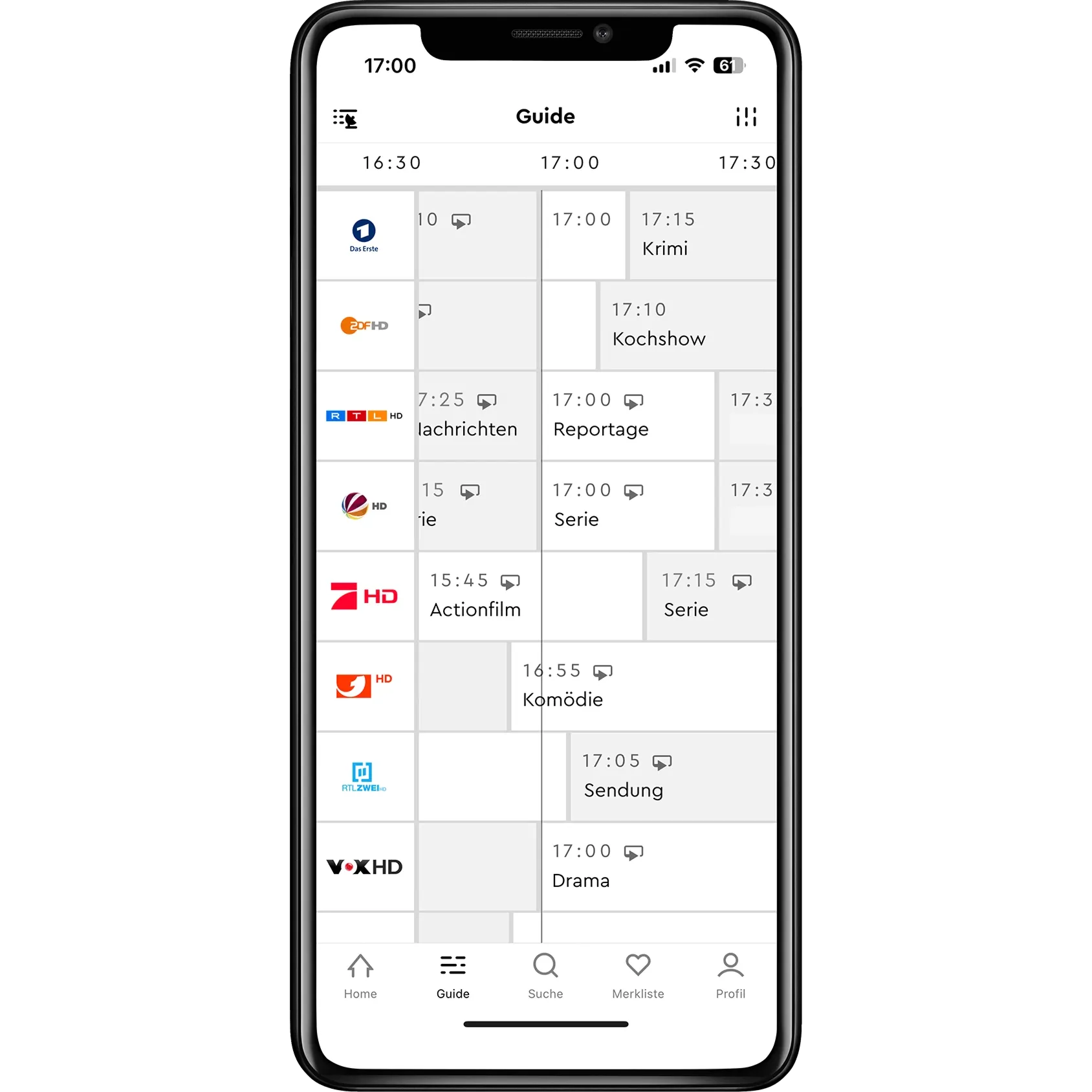 Smartphone zeigt eine TV-Guide-App mit verschiedenen Kanälen, Logos und geplanten Programmen wie Nachrichten, Serien und Filmen, sortiert nach Uhrzeit.
