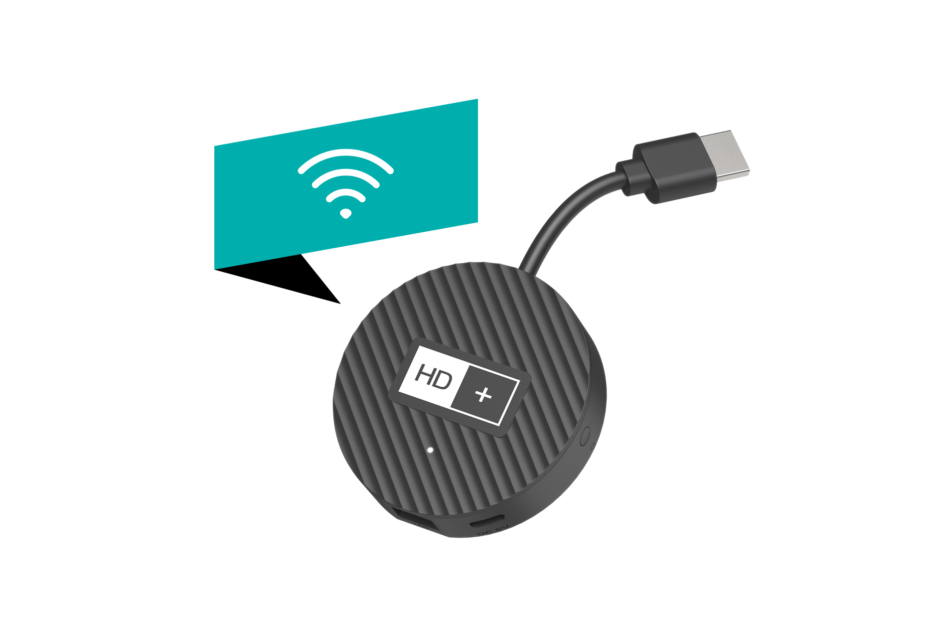 Ein kabelloser HDMI-Adapter mit kurzem Kabel und HD+-Label, neben einem WLAN-Symbol auf türkisem Hintergrund.