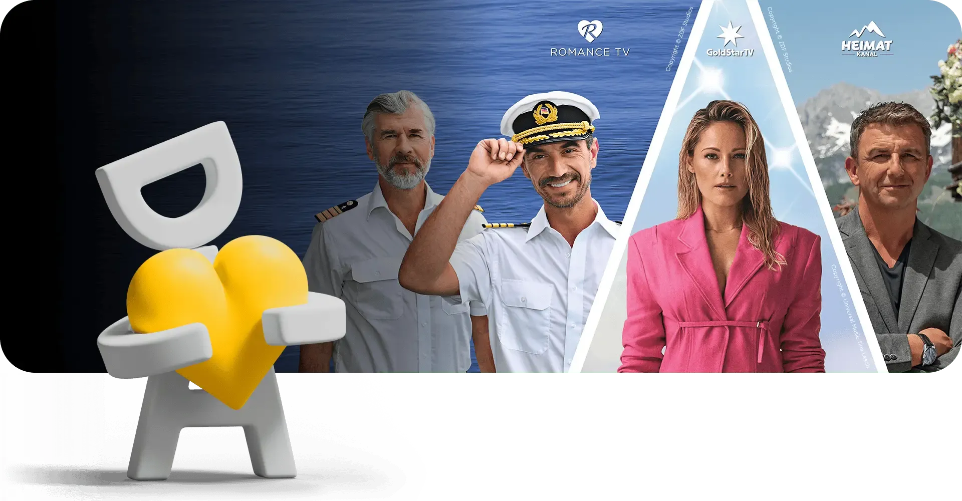 Banner mit Mr. Plus, einer 3D-Figur mit einem gelben Herz und vier Personen von Romance TV, GoldStar TV und Heimat Kanal.