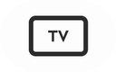 Symbol eines Fernsehbildschirms mit den Buchstaben „TV“ darin, umrandet in Schwarz auf einem weißen ovalen Hintergrund.