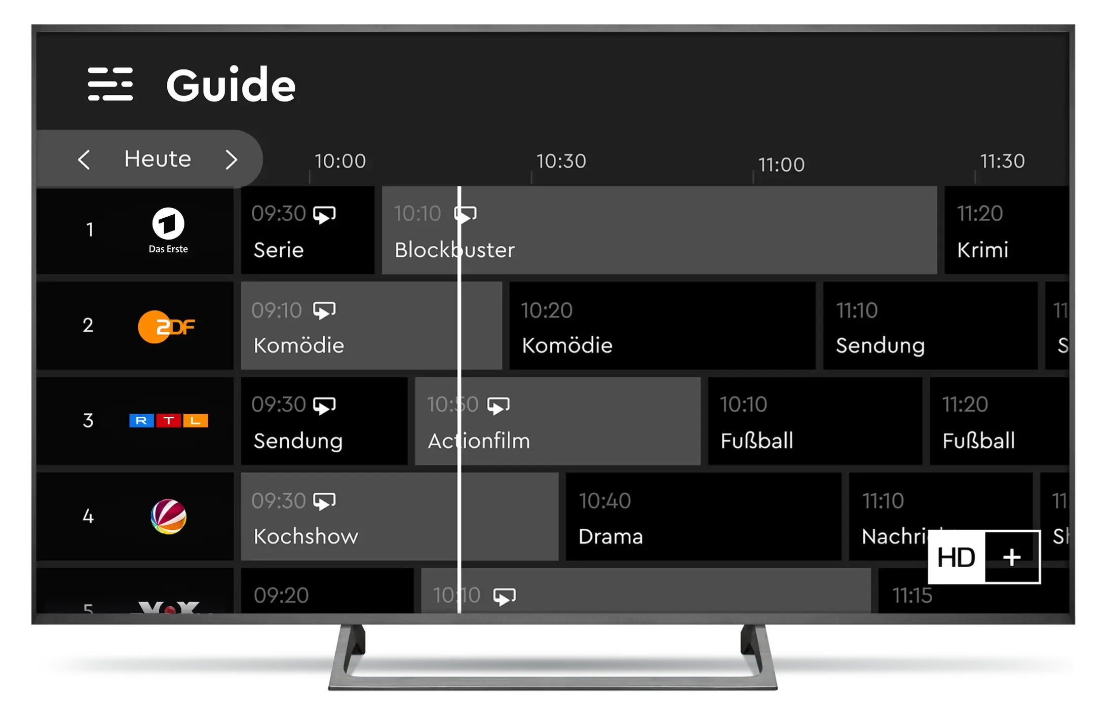 Ein Fernsehbildschirm zeigt eine Programmführer-Oberfläche mit Sendern, Sendungstiteln und Uhrzeiten.