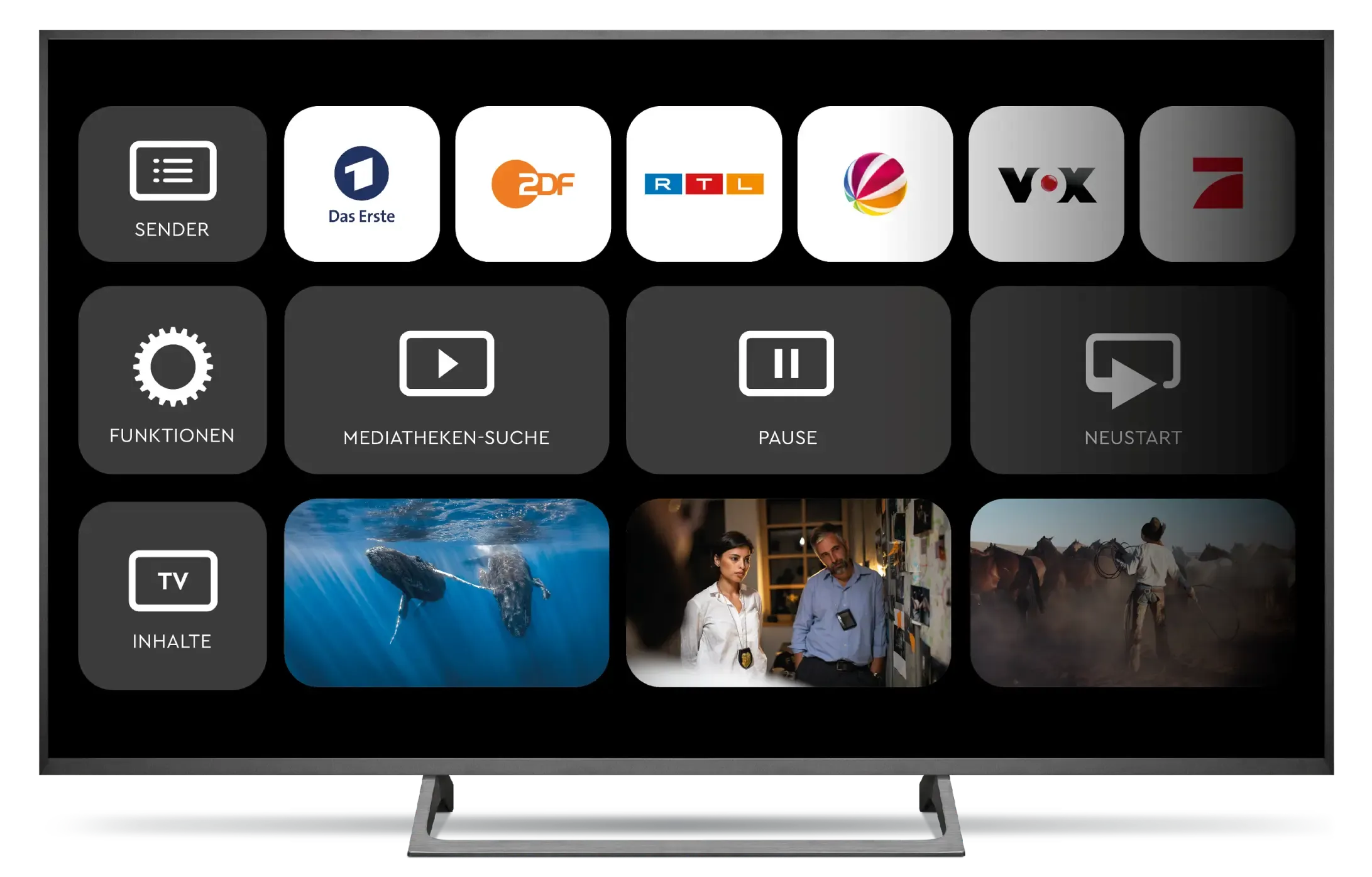 Fernseher mit einer Übersicht von App-Symbolen, darunter Kanäle und Mediensteuerungen