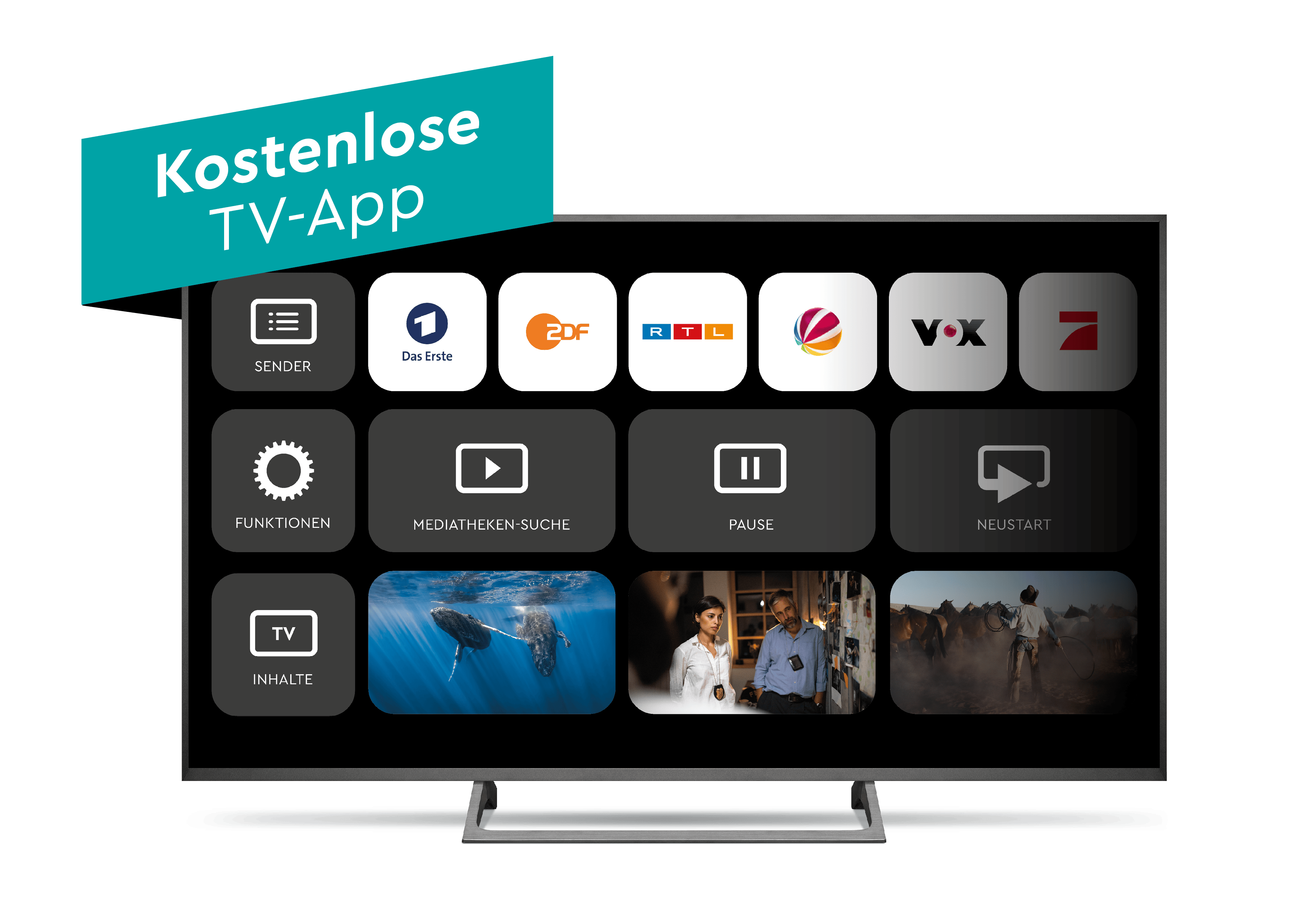 TV-Bildschirm mit einer Übersicht von App-Symbolen und Bildern, darunter ein Banner mit der Aufschrift „Kostenlose TV-App“.