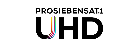 Logo von ProSiebenSat.1 UHD mit "UHD", wobei der Buchstabe "U" mehrfarbige Linien auf einem weißen Hintergrund aufweist.