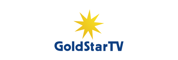 Das GoldStarTV-Logo mit einem gelben Stern über dem blauen Schriftzug „GoldStarTV“ auf einem weißen, ovalen Hintergrund.