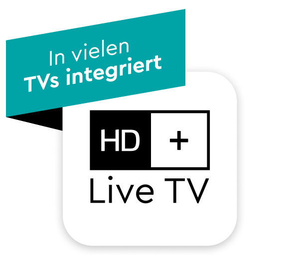 HD+ Live-TV-Logo mit einem türkisfarbenen Banner mit der Aufschrift „In vielen TVs integriert