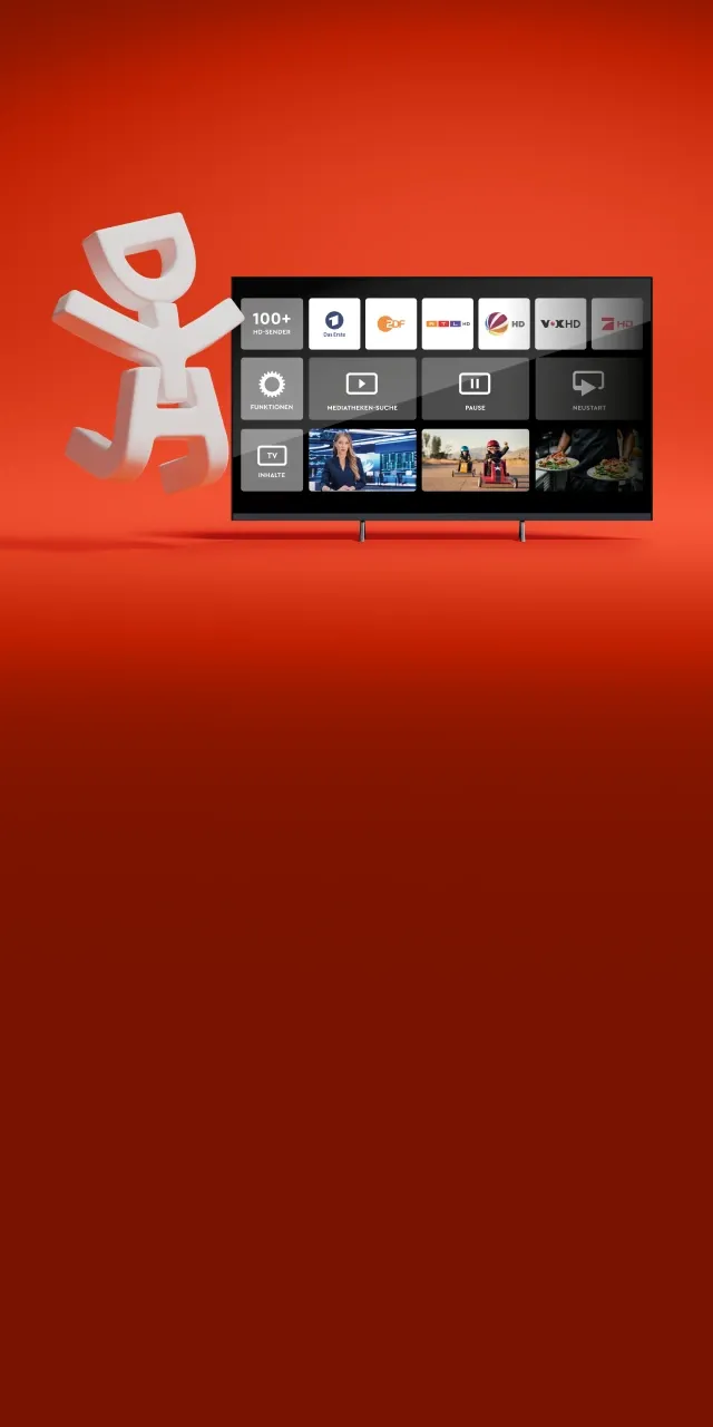 Eine TV-Benutzeroberfläche auf rotem Hintergrund, die verschiedene HD-Kanäle sowie Funktionen wie Pause- und Wiedergabemöglichkeiten anzeigt, daneben ein 3D-Strichmännchen-Logo.
