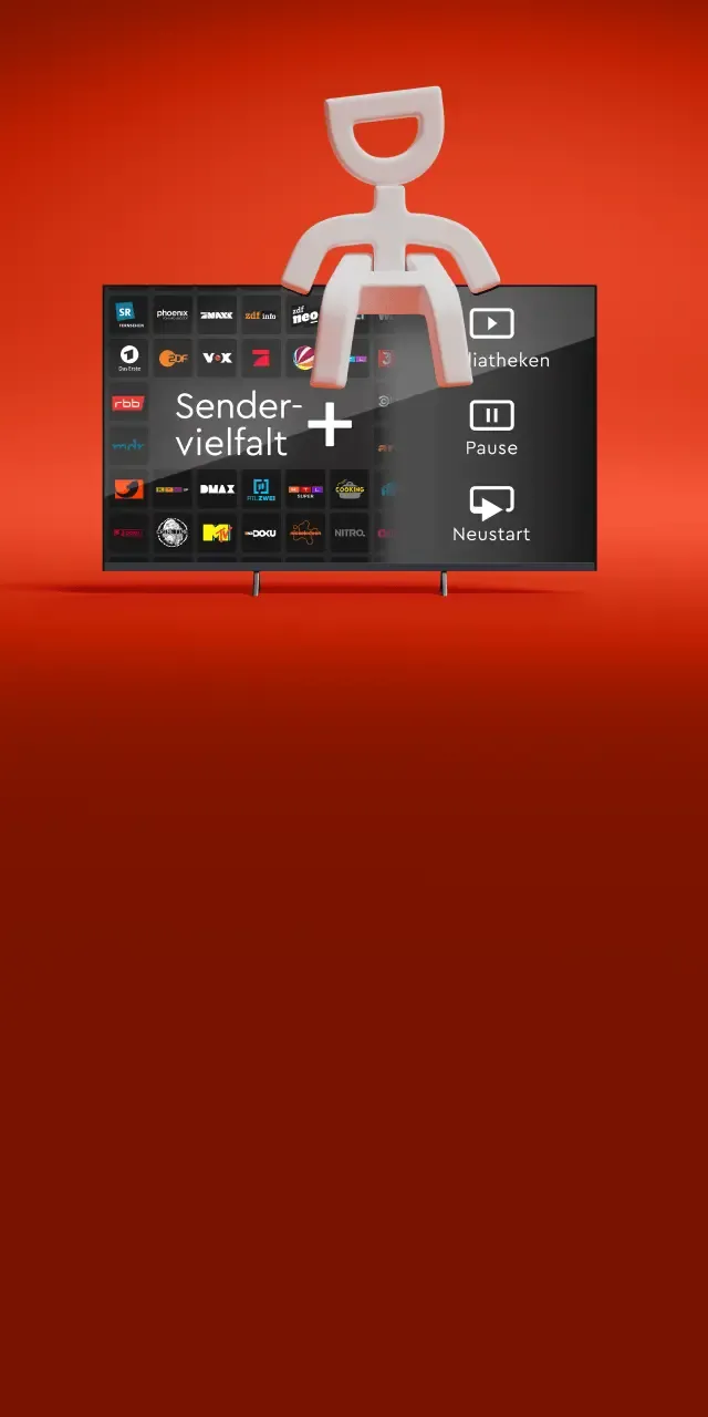 Eine 3D-Zeichentrickfigur sitzt auf einem Fernseher, auf dem vor einem orangeroten Hintergrund verschiedene Logos deutscher Fernsehsender und Streaming-Optionen zu sehen sind.