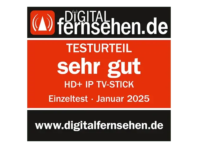 Auszeichnung von digitalfernsehen.de, die einen HD+ IP-TV-Stick im Januar 2025 mit „sehr gut” bewertet hat.