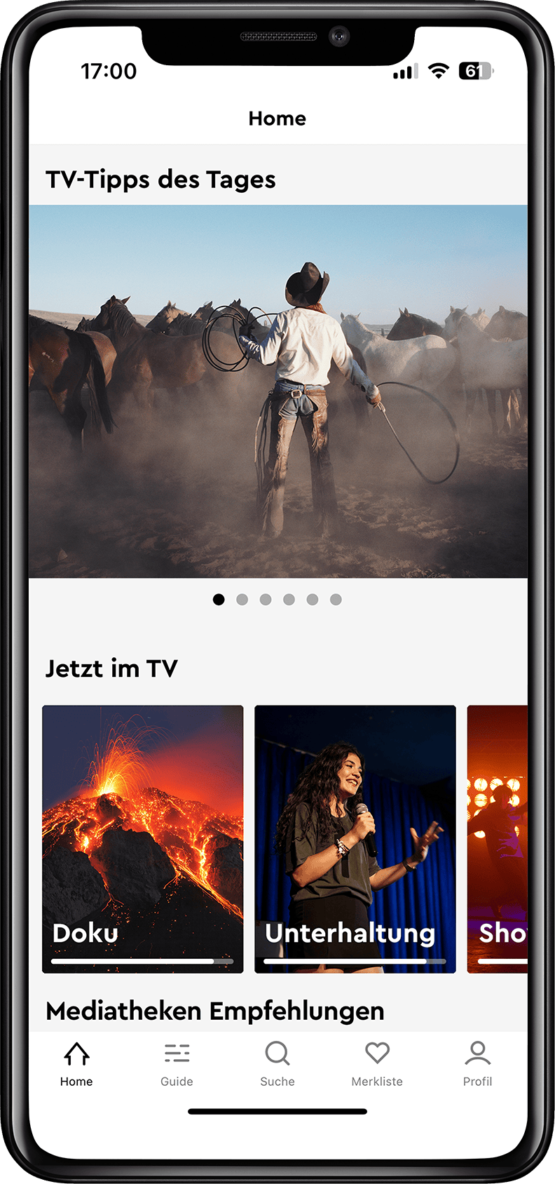 Smartphone zeigt eine TV-Guide-App mit Bereichen für tägliche Tipps, aktuelle Sendungen und Kategorien wie Dokumentationen und Unterhaltung.