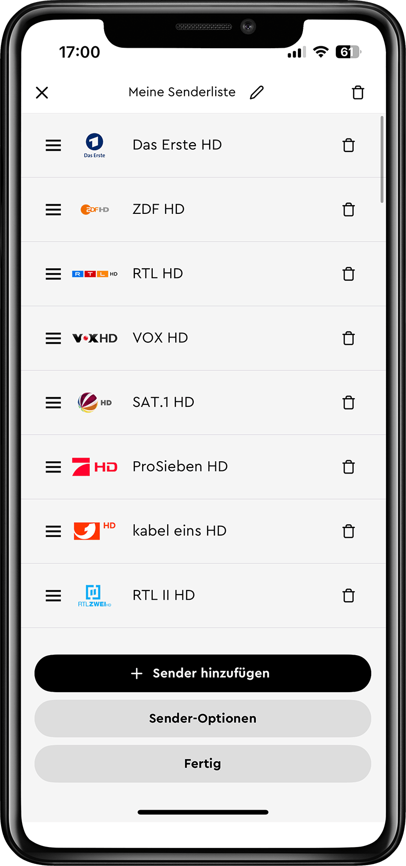 Smartphone-Bildschirm zeigt eine Liste deutscher TV-Sender, darunter Das Erste HD, ZDF HD und RTL HD, mit Optionen zum Hinzufügen oder Bearbeiten von Sendern.