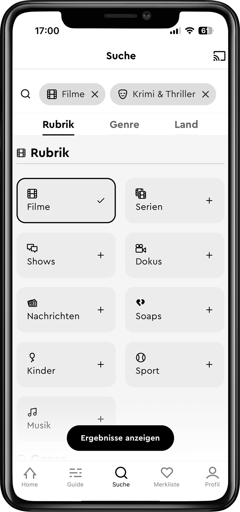 Smartphone-Bildschirm mit einer Suchoberfläche in deutscher Sprache mit Kategorien wie Filme, Serien, Shows und mehr sowie einer Schaltfläche „Ergebnisse anzeigen“.
