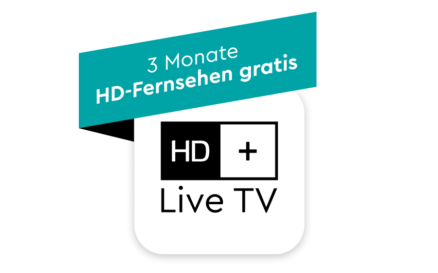 Logo von HD+ Live TV mit einem blaugrünen Banner darüber, auf dem „3 Monate HD-Fernsehen gratis“ steht.