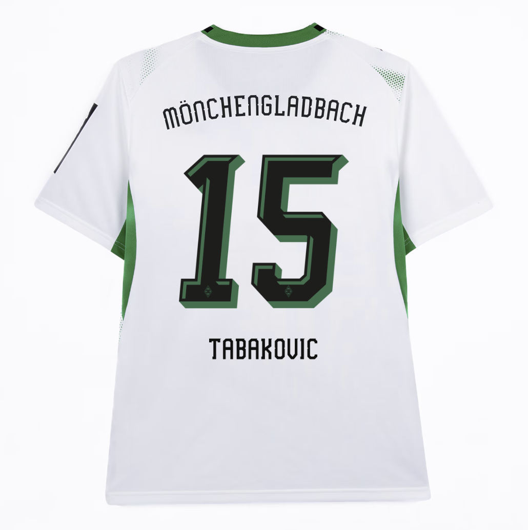White and green soccer jersey with "Mönchengladbach" and "Tabakovic" on the back, featuring the number 15.
