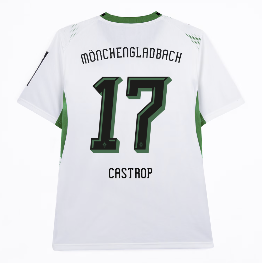 Back of a white and green Mönchengladbach soccer jersey with "Castrop" and number "17" printed on it.
