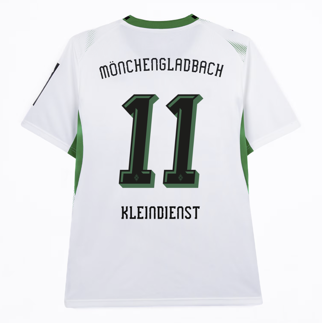Back view of a white Mönchengladbach soccer jersey with the name "Kleindienst" and number 11 in bold, green lettering.