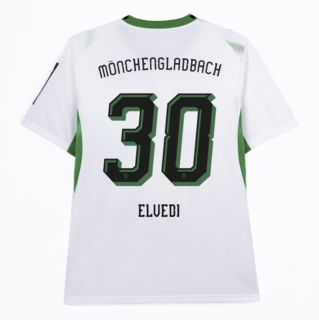 White soccer jersey with green accents, featuring the name "Elvedi" and number "30" below "Mönchengladbach" on the back.
