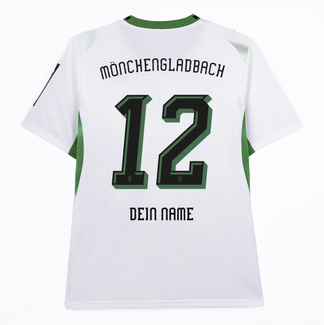 White soccer jersey with green accents, displaying "Mönchengladbach" and number 12. "Dein Name" placeholder text beneath the number.