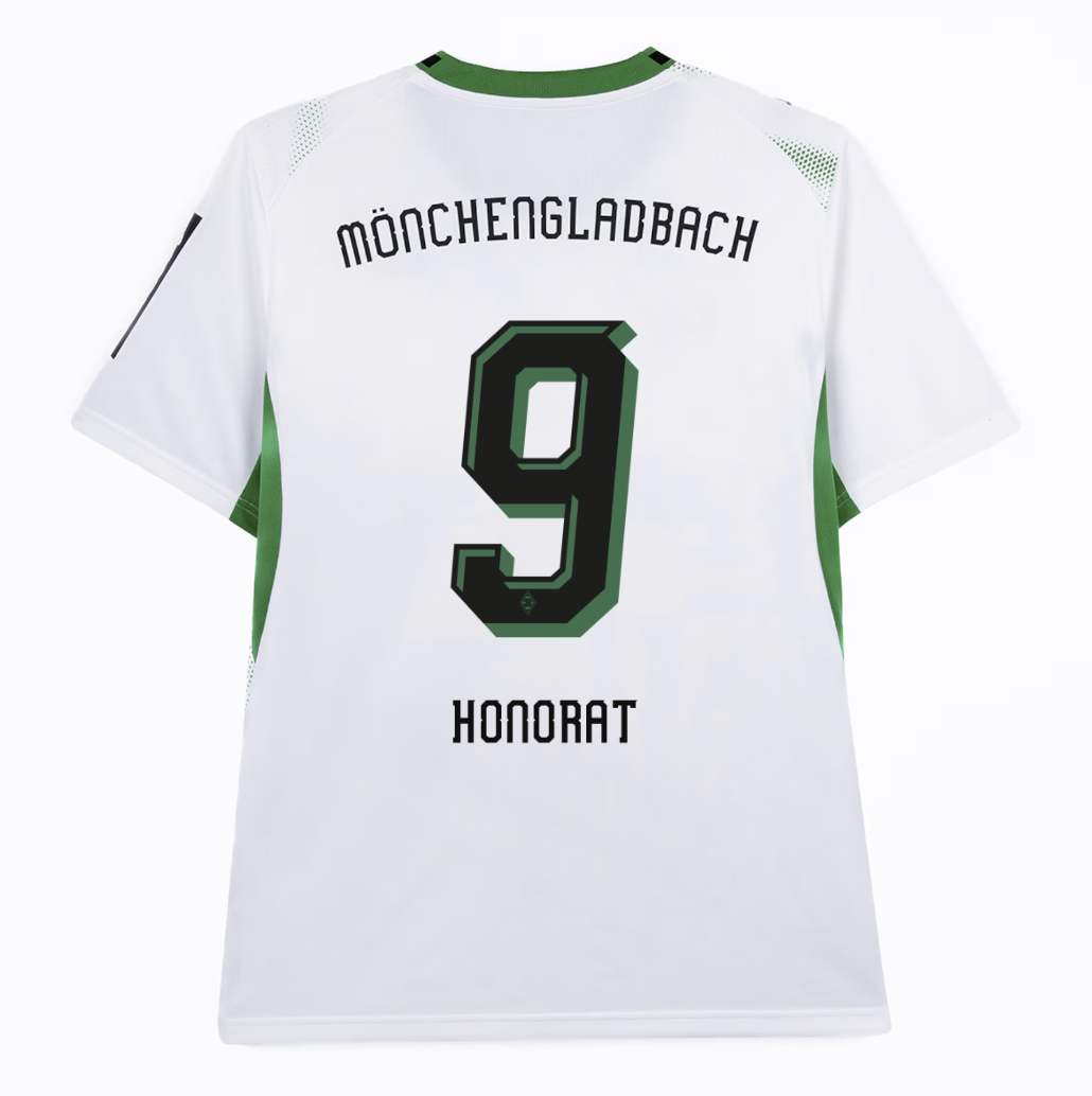 White Mönchengladbach soccer jersey featuring "Honorat" and number 9 on the back, with green accents.