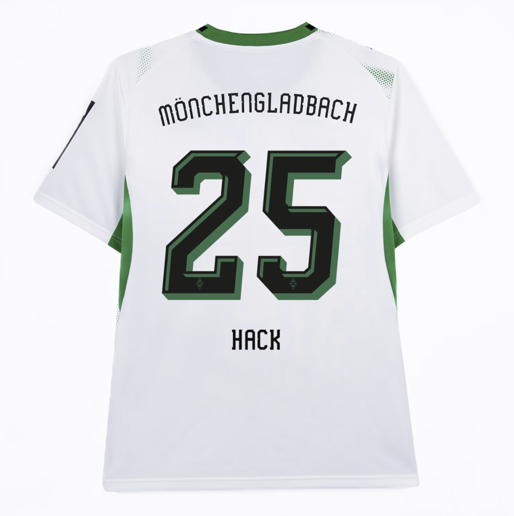 White Mönchengladbach jersey with green accents, featuring the name "Hack" and number 25 on the back.