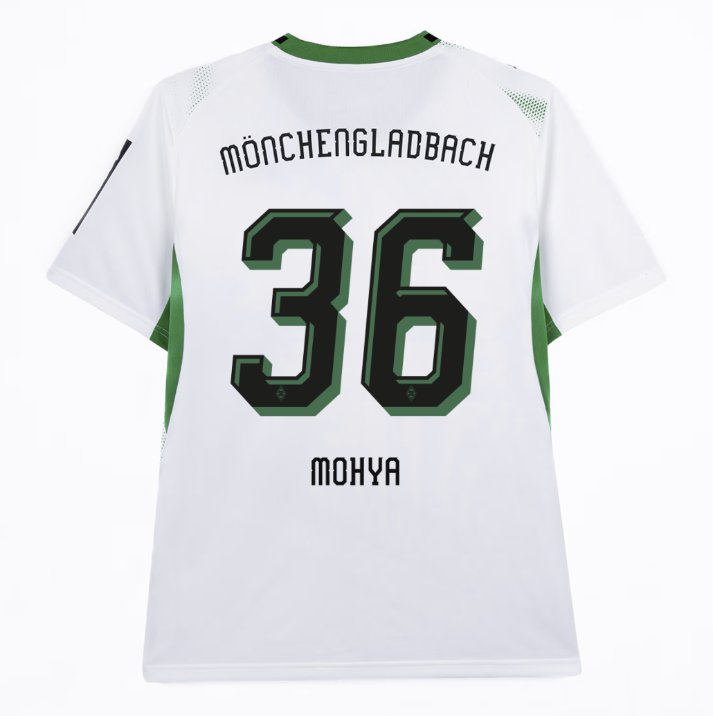 White Mönchengladbach jersey with green number 36 and "Mohya" on the back.