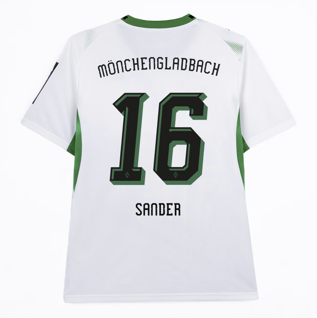 White Mönchengladbach jersey with green accents, featuring the name "Sander" and number 16 on the back.
