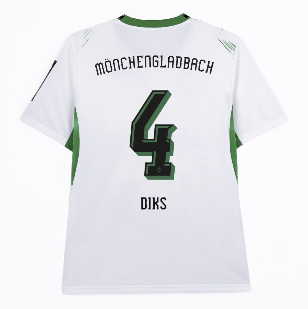 White Mönchengladbach jersey with green accents, featuring the number 4 and name "DIKS" on the back.