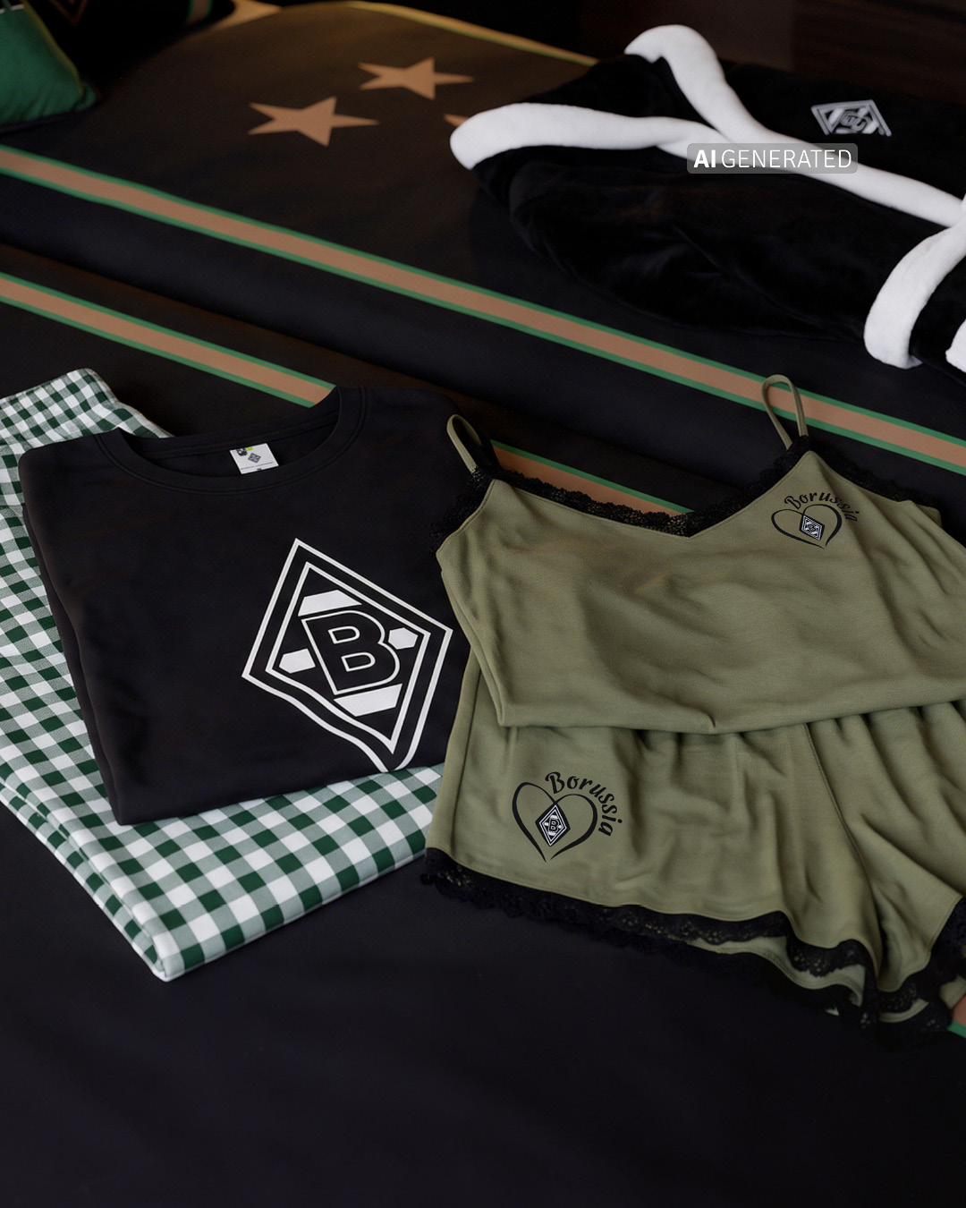 A black T-shirt with a logo, green gingham pajama pants, and an olive green sleep set with lace and logos on a bed.