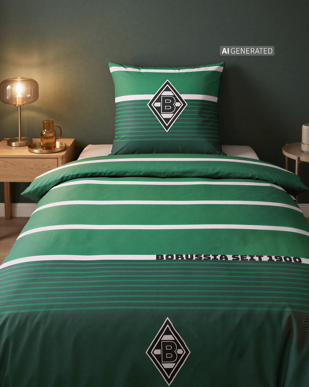 Green and white striped bed set featuring Borussia Mönchengladbach's logo on the pillow and duvet, placed in a modern room with wooden side tables.