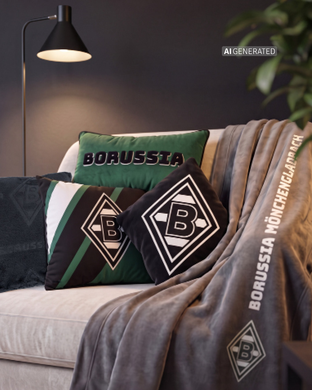 A cozy sofa with Borussia-themed cushions and a gray blanket, under a black floor lamp, featuring the Borussia Mönchengladbach logo.