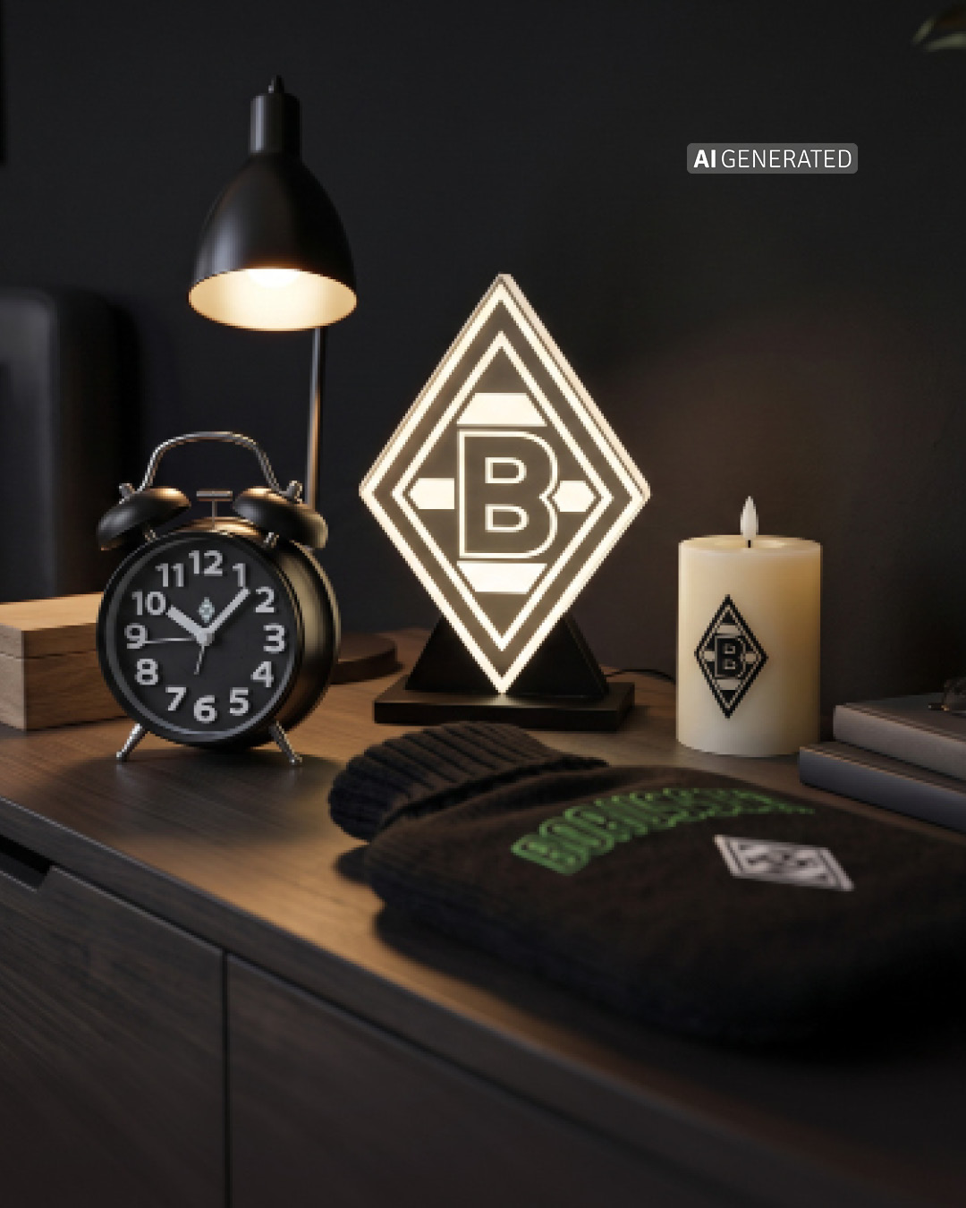 A bedside table with a lamp, alarm clock, a lit candle, and a glowing logo sign. A sweater with green lettering is folded nearby.