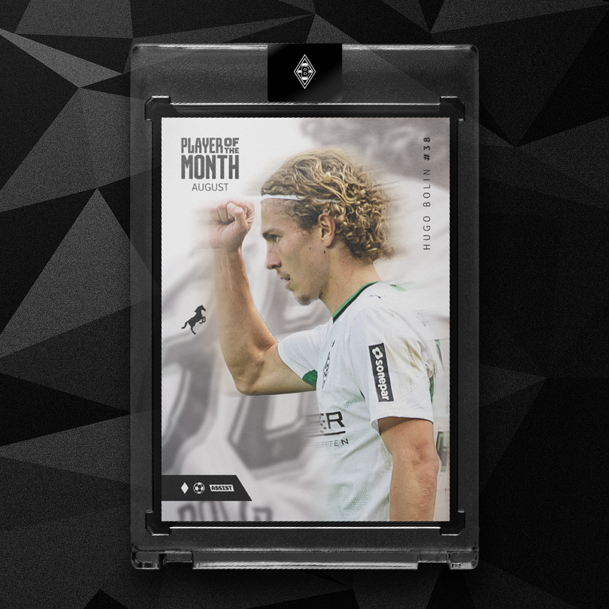 Soccer player image on a card titled "Player of the Month August," featuring a profile view and the number 38, with dynamic geometric background.