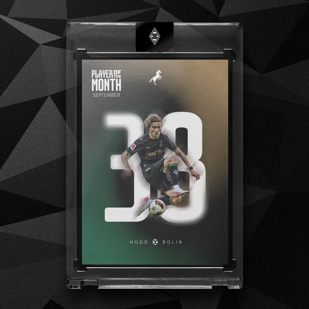 A framed poster showing "Player of the Month September" with a footballer in action above the number 38, with the name Hugo Bolin.