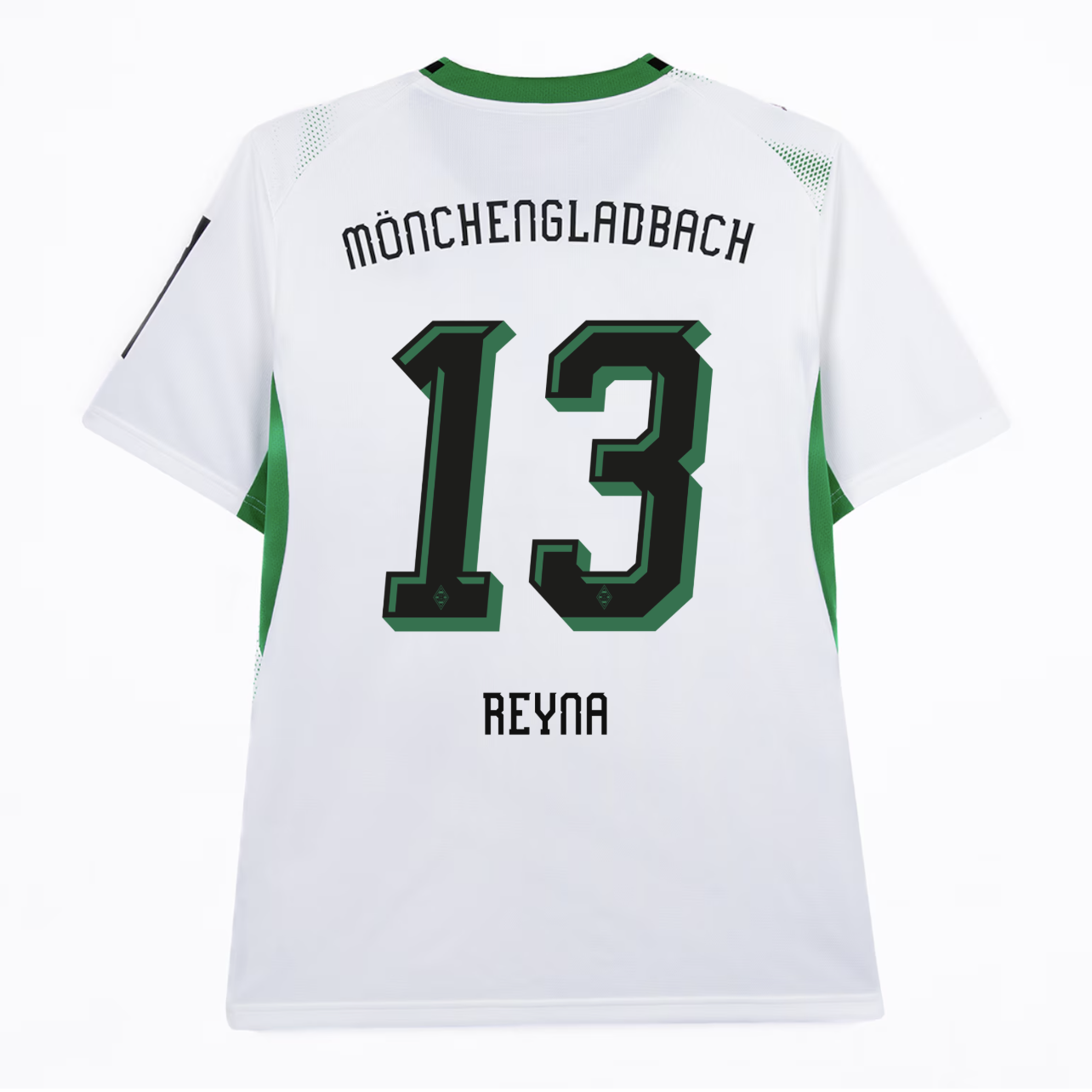 Back view of a white Mönchengladbach soccer jersey with the number 13 and name "Reyna" in black and green font.