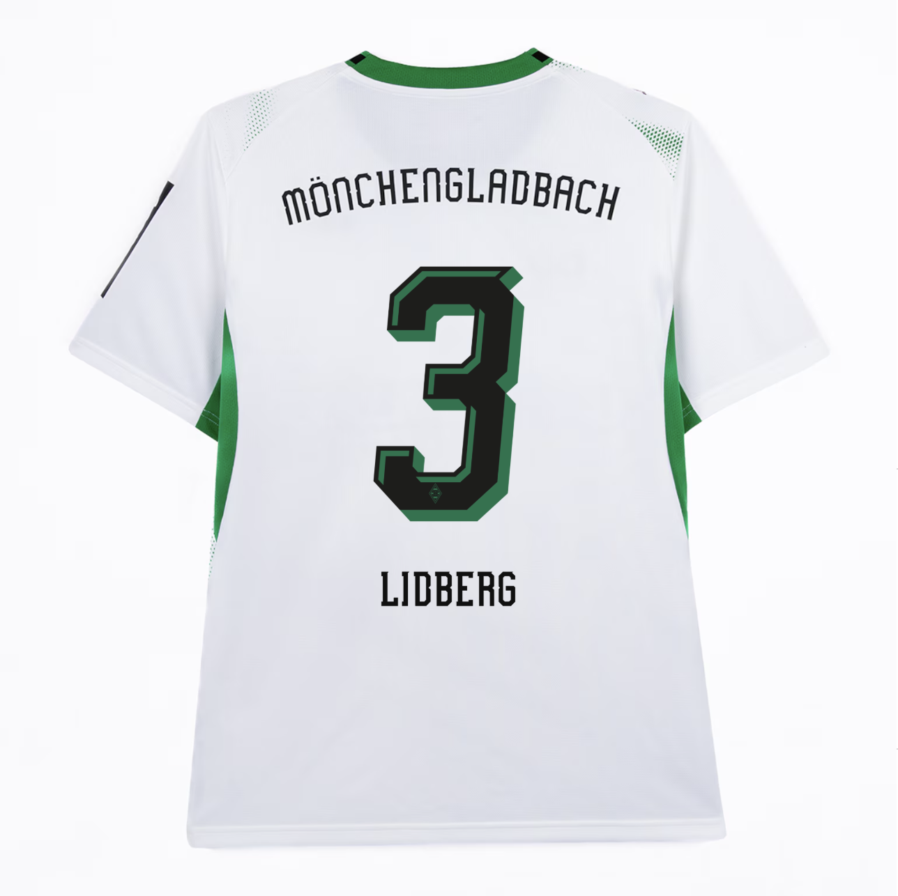 Back of a white Mönchengladbach soccer jersey with green accents, displaying the name "Lidberg" and number "3".