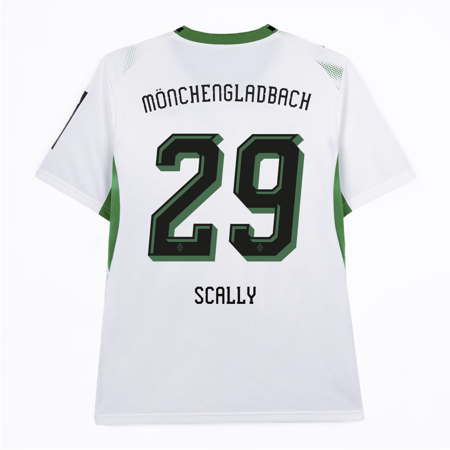 White soccer jersey with "Mönchengladbach" and "Scally" on the back, number 29 prominently displayed in green.