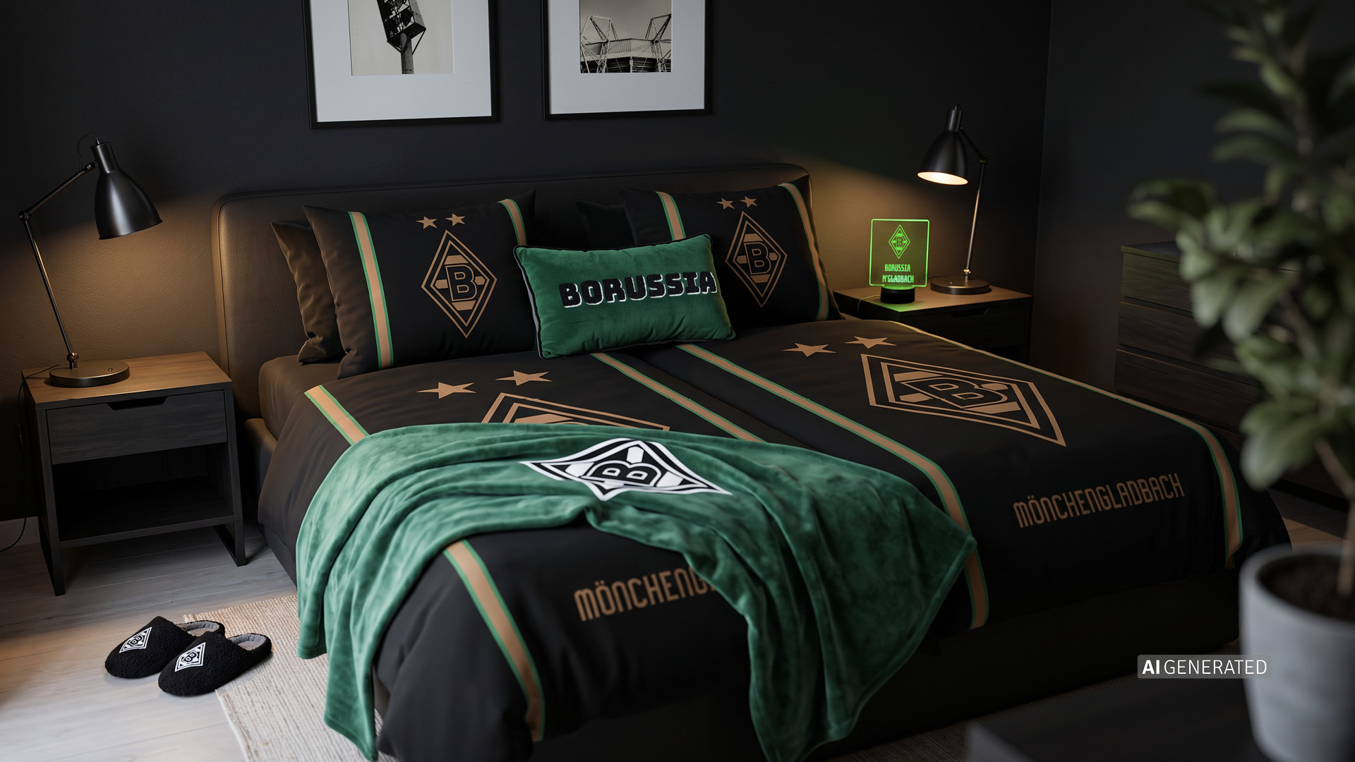 Stylish bedroom with Borussia Mönchengladbach themed bedding, dark walls, bedside lamps, and decorative pillows.