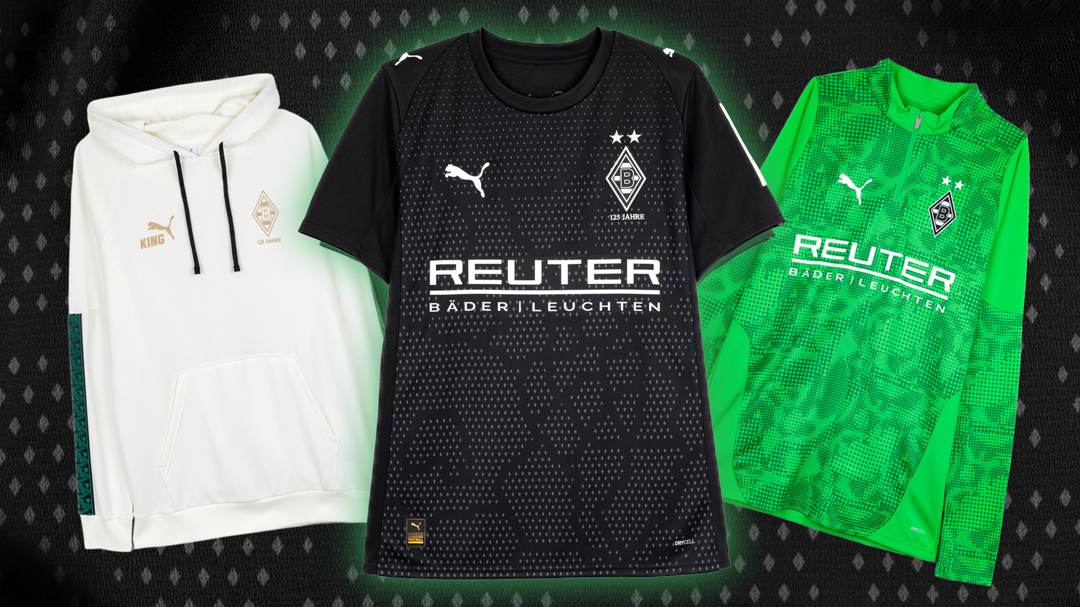 Three sports shirts featuring Borussia Mönchengladbach designs: a white hoodie, a black t-shirt, and a green long-sleeve jersey by Puma.