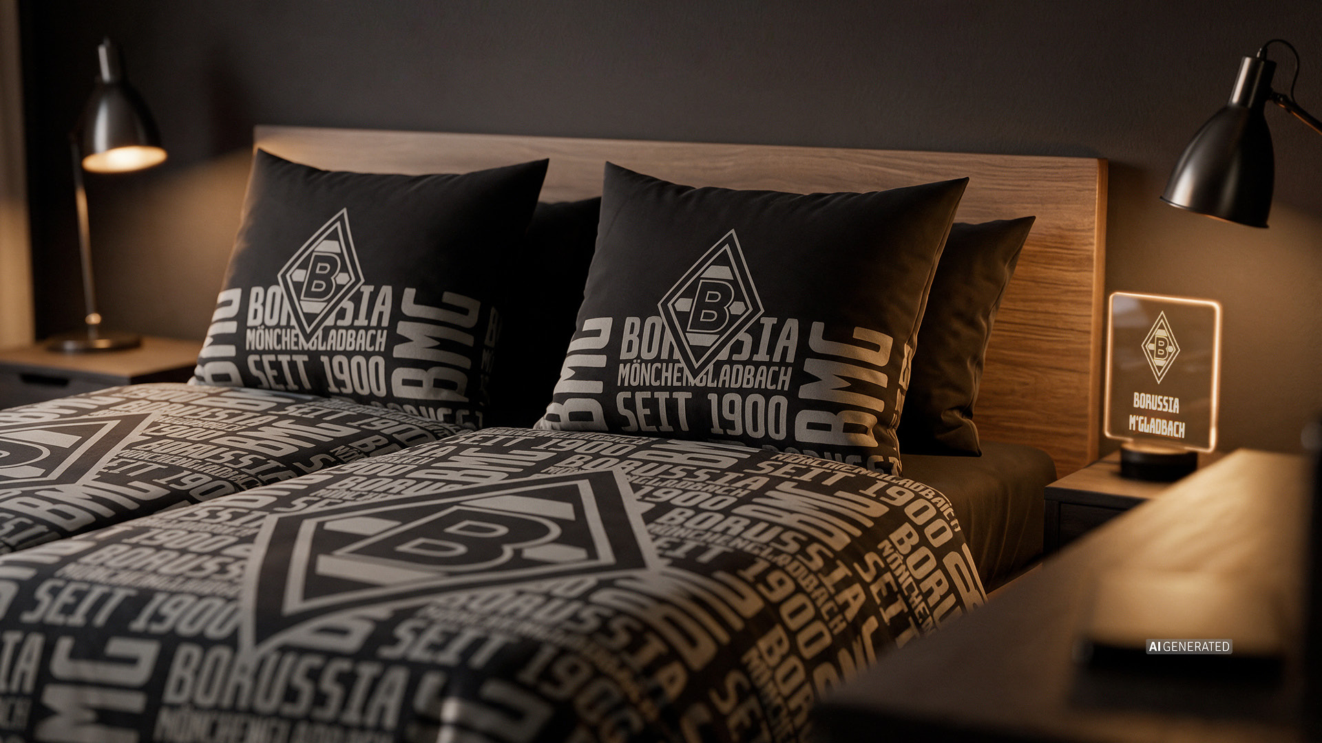 A stylish bedroom features a double bed with Borussia Mönchengladbach-themed bedding, matching pillows, and a glowing bedside plaque.