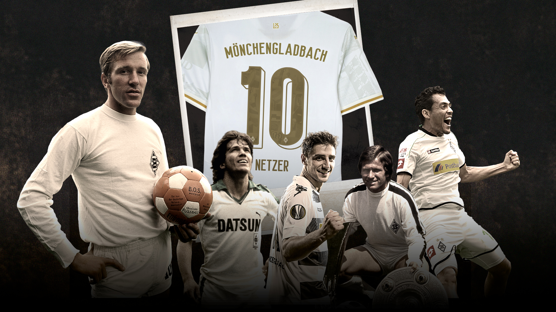 Collage of Borussia Mönchengladbach players with a jersey featuring the name "Netzer" and number 10 in the background.