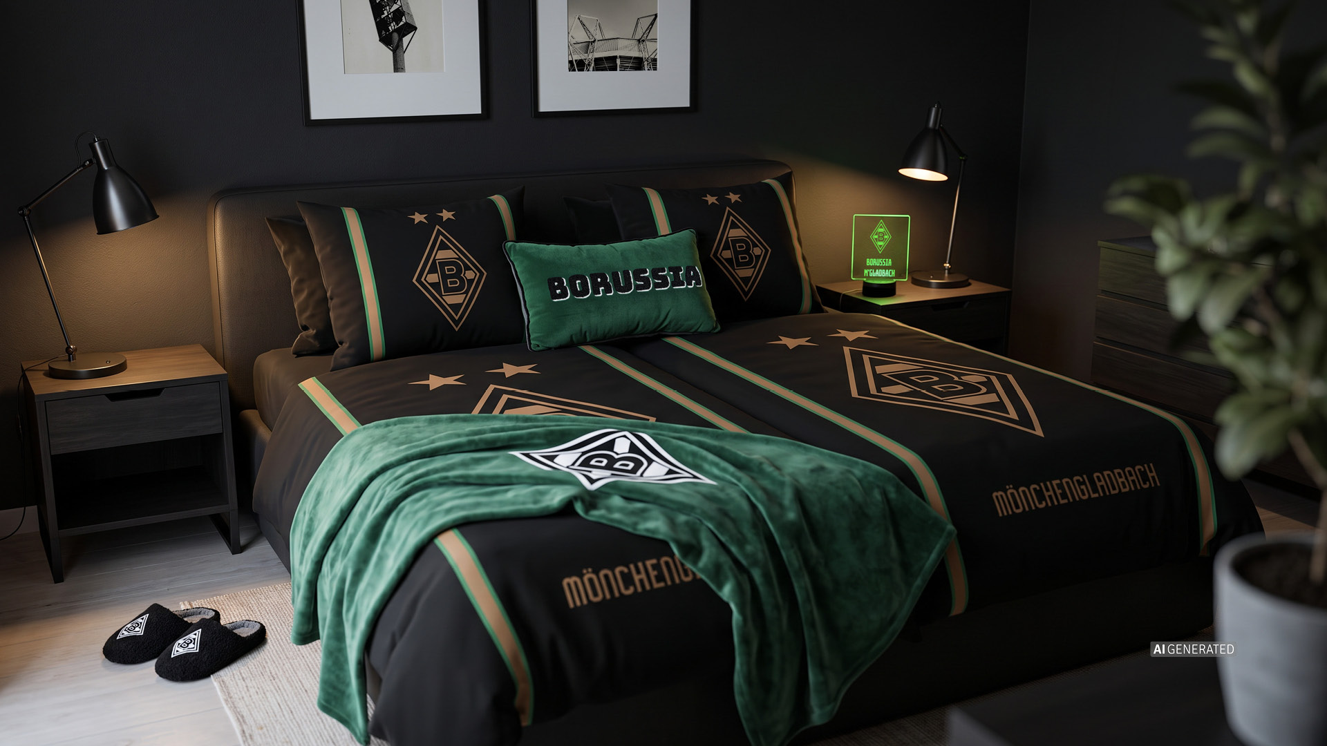 A bedroom with Borussia Mönchengladbach themed bedding, pillows, and a green throw blanket, flanked by two bedside tables with lamps.