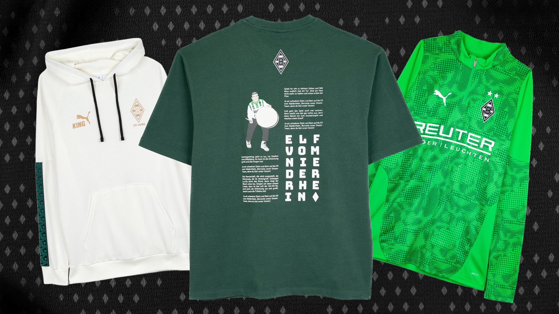 A white hoodie, green t-shirt, and green jersey with Borussia Mönchengladbach logos, displayed against a dark patterned background.