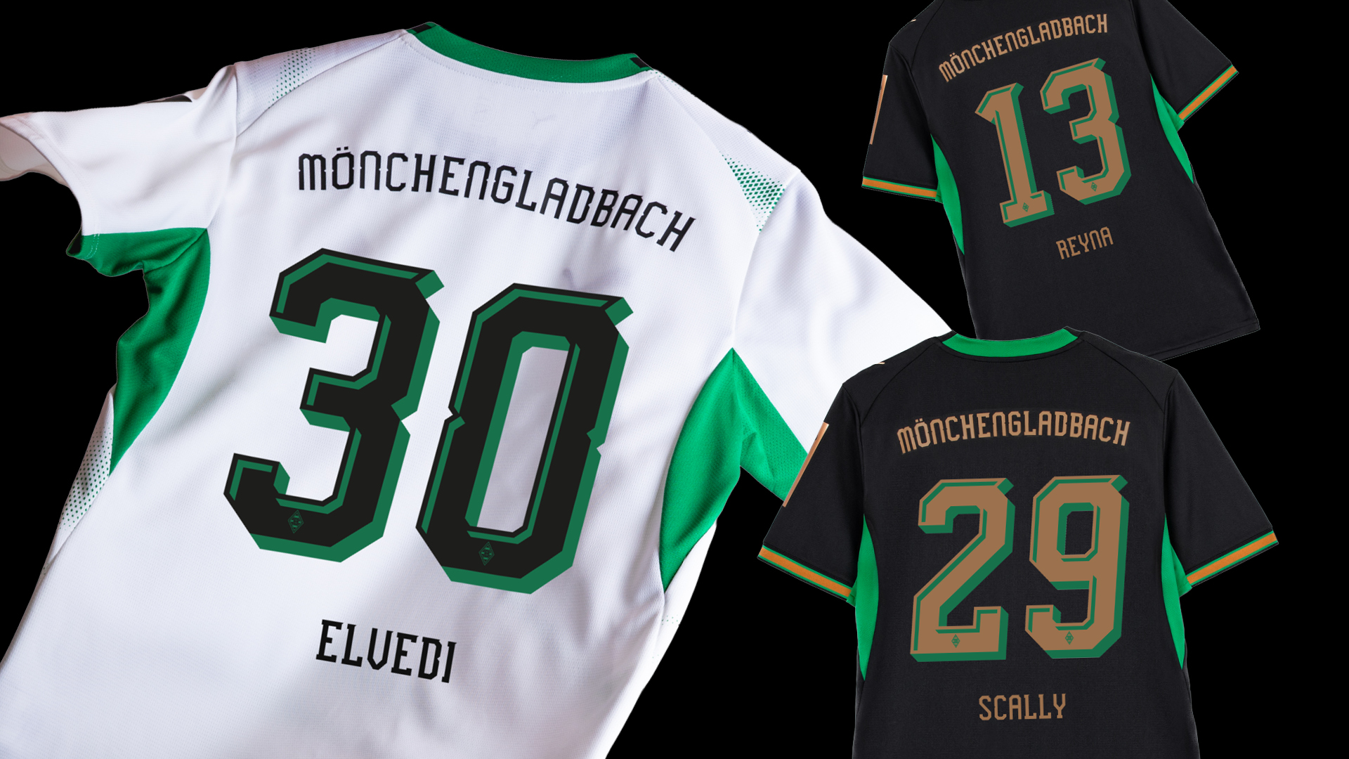 Three Borussia Mönchengladbach jerseys displayed, featuring players Elvedi (30), Reyna (13), and Scally (29) in white and black designs.